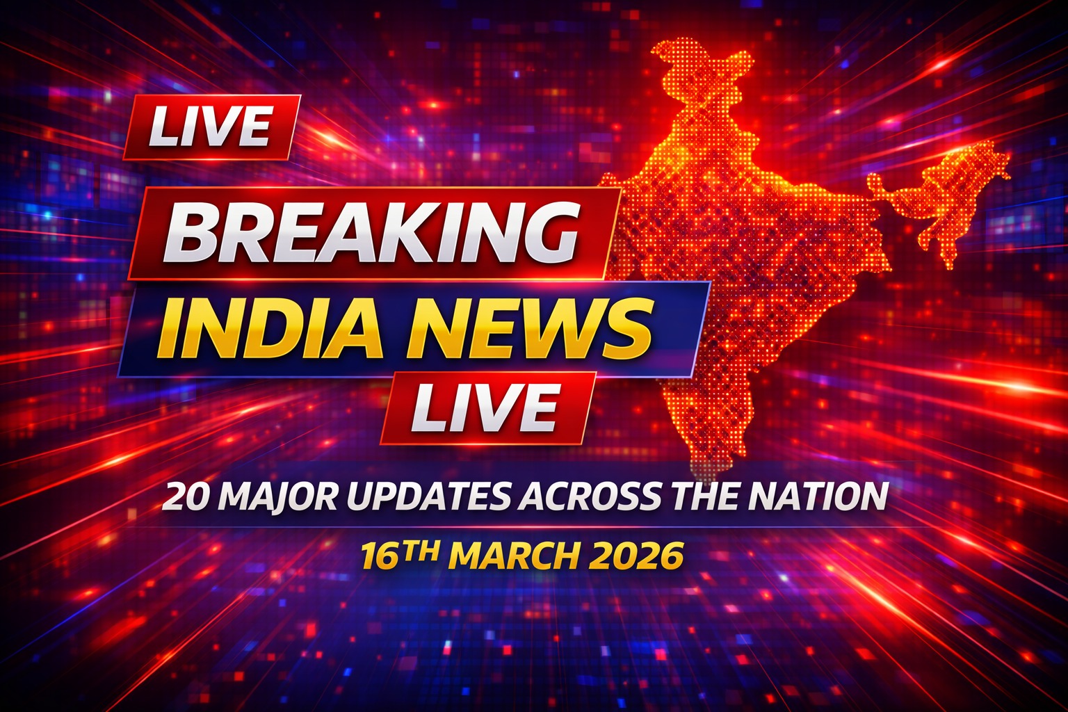 India latest news infographic showing top national headlines for 16 March 2026